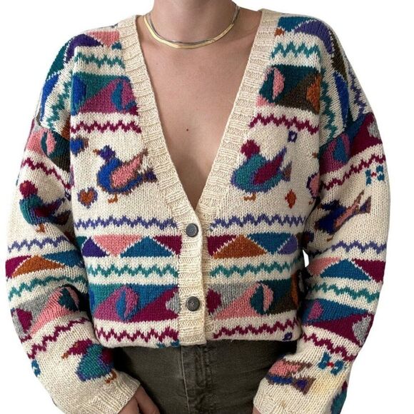 Vintage Robert Scott Hand Knit 100% Wool Duck Rainbow Retro Chunky Cardigan 38 - Picture 9 of 11